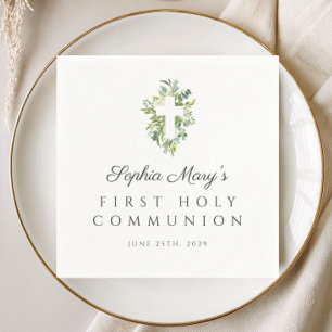 Elegant Green Botanical Cross First Communion Napkin