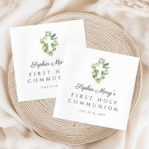 Elegant Green Botanical Cross First Communion  Napkin