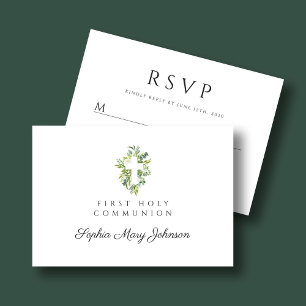 Elegant Green Botanical Cross First Communion RSVP Card