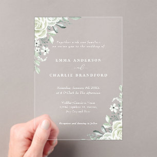 Elegant green Botanical flowers Script Wedding Acrylic Invitations