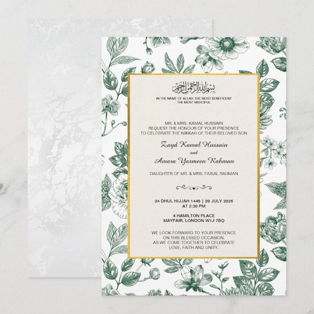 Elegant Green Botanical Islamic Wedding Invitation (Front/Back)