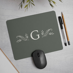 Elegant Green Botanical Monogram Mouse Pad