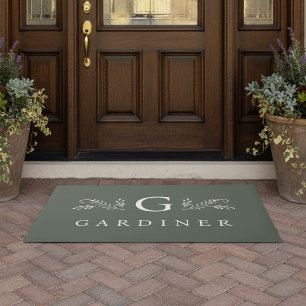 Elegant Green Botanical Monogram & Name Doormat