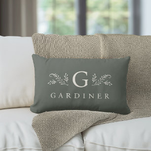 Elegant Green Botanical Monogram & Name Lumbar Cushion