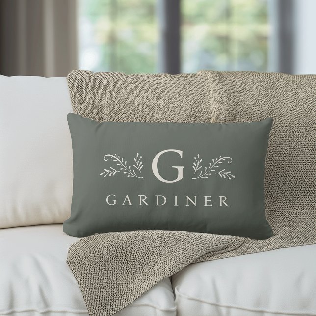 Elegant Green Botanical Monogram & Name Lumbar Cushion (Creator Uploaded)