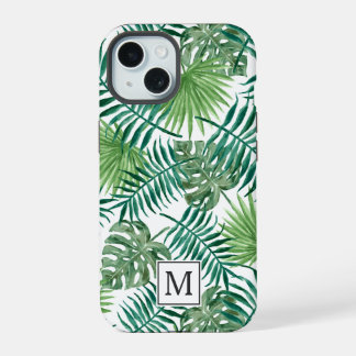Elegant Green Botanical Pal Leaves Monogram iPhone 15 Case