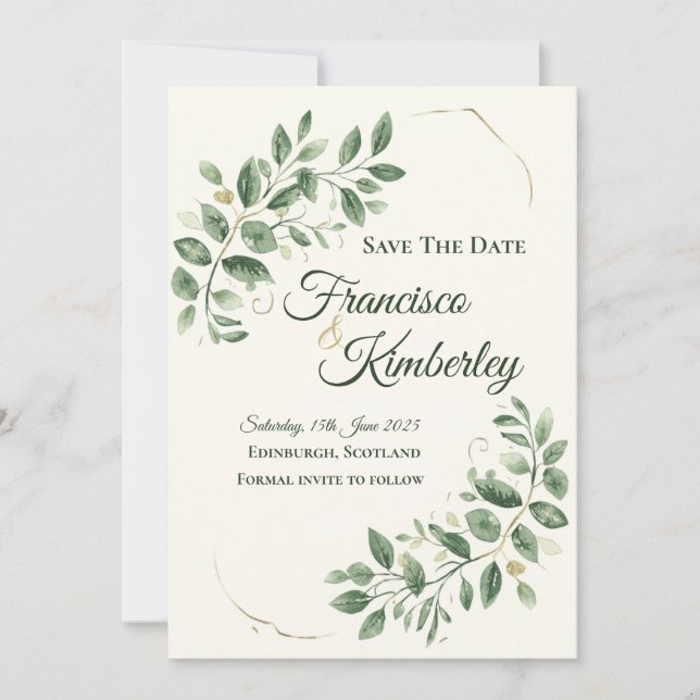 Elegant Green Botanical Save The Date Card (Front)