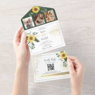 Elegant Green Botanical Sunflowers Wedding All In One Invitation