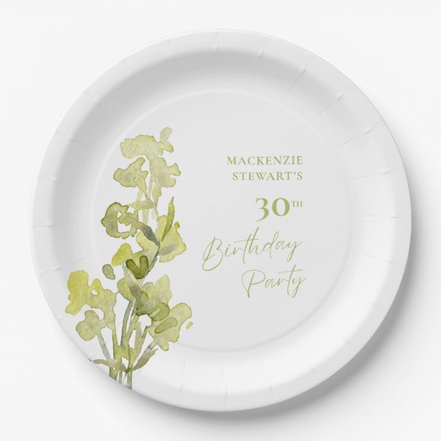 Elegant Green Botanical Watercolor 30th Birthday Paper Plate (Front)