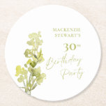 Elegant Green Botanical Watercolor 30th Birthday Round Paper Coaster<br><div class="desc">An elegant 30th birthday party paper coasters featuring a green botanical watercolor on a white background.</div>