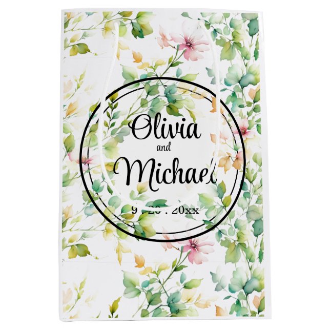 Elegant green botanical watercolor wildflowers  medium gift bag (Front)