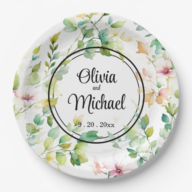 Elegant green botanical watercolor wildflowers  paper plate (Front)