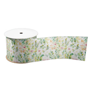 Elegant green botanical watercolor wildflowers  satin ribbon