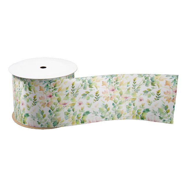 Elegant green botanical watercolor wildflowers  satin ribbon (Spool)