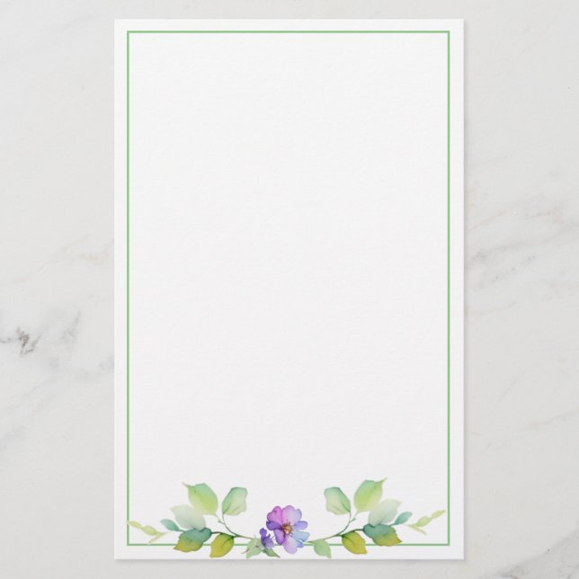 Elegant green botanical watercolor wildflowers  stationery (Front)