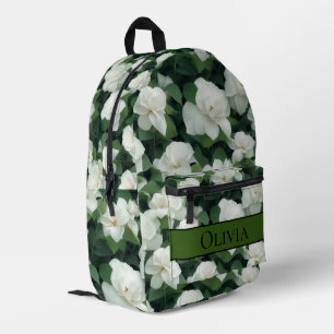 Elegant green botanical white floral personalized printed backpack