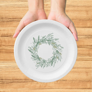Elegant Green Botanical Wreath Wedding Paper Plate