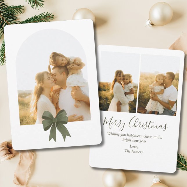 Elegant Green Bow Arch 3 Photo Family Christmas Holiday Card (Coquette Green Bow 3-Photo Holiday Card)