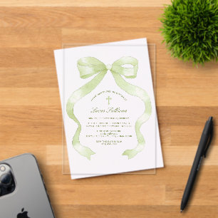 Elegant Green Bow Baptism Acrylic Invitations