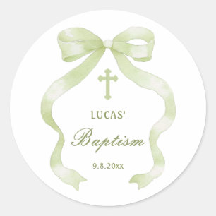 Elegant Green Bow Baptism Classic Round Sticker