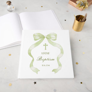 Elegant Green Bow Baptism Guest Book