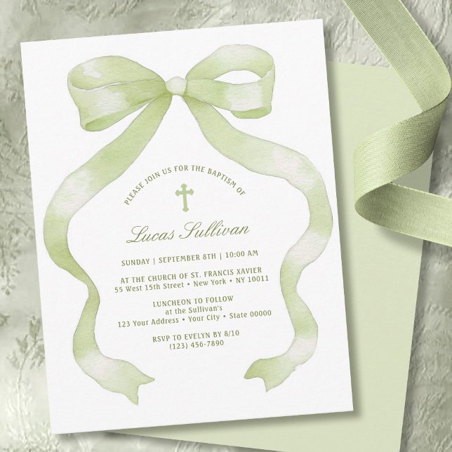 Elegant Green Bow Baptism Invitation (Creator Uploaded)
