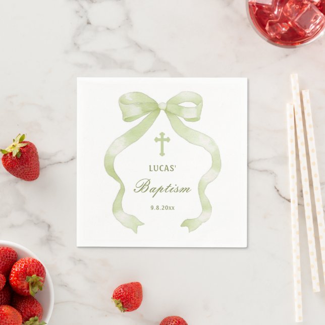 Elegant Green Bow Baptism Napkin (Insitu)