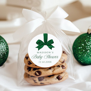 Elegant Green Bow Christmas Baby Shower Classic Round Sticker