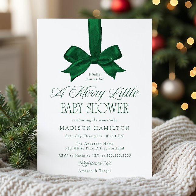 Elegant Green Bow Christmas Baby Shower Invitation (Creator Uploaded)