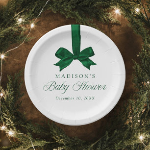 Elegant Green Bow Christmas Baby Shower Paper Plate