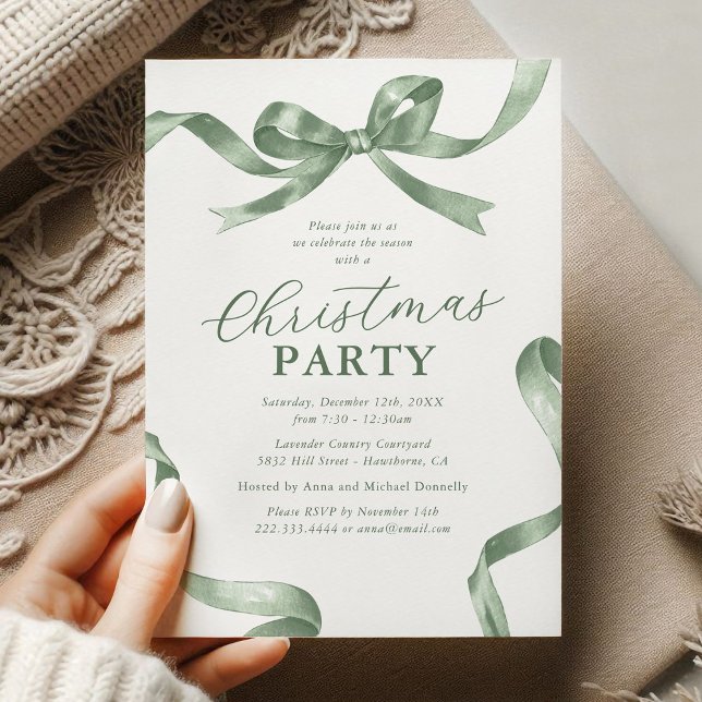 Elegant Green Bow Christmas Holiday Party Invitation (Creator Uploaded)