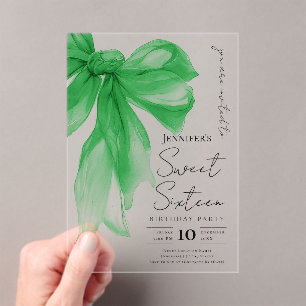 Elegant Green Bow Coquette Script Sweet 16 Party Acrylic Invitations