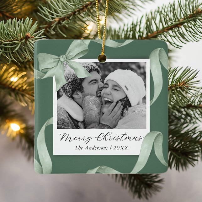 Elegant Green Bow Photo Holiday Ceramic Ornament (Creator Uploaded)