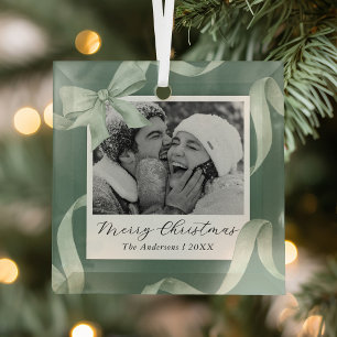 Elegant Green Bow Photo Holiday Glass Tree Decoration