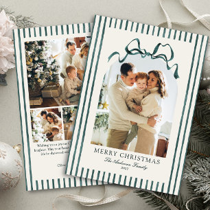 Elegant Green Bow & Stripes Christmas 5 Photo Holiday Card