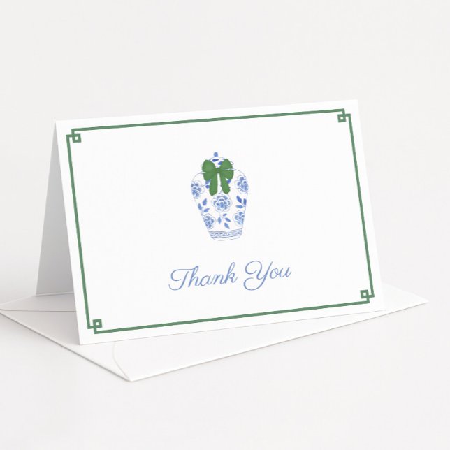 Elegant Green Bow Tartan Christmas Bridal Shower Thank You Card (Elegant Christmas thank you card design or personal stationery featuring ginger jar with green bow)