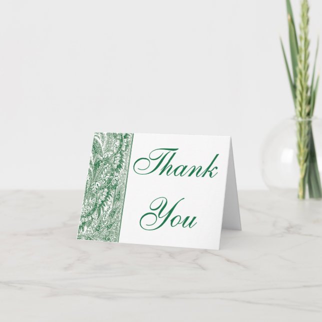 Elegant green Brocade border Thank you note card (Front)