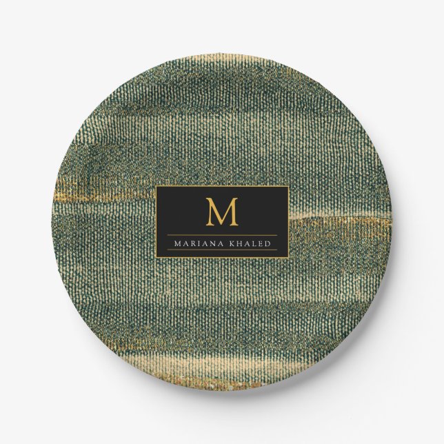 Elegant Green Brush with gold and black  Paper Plate (Front)