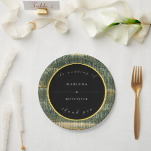Elegant Green Brush with gold and black Round Paper Plate