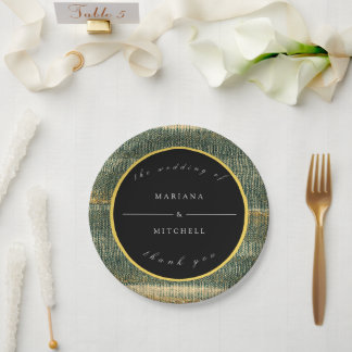 Elegant Green Brush with gold and black  Round   Paper Plate