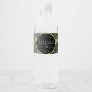 Elegant Green Brush with gold and black Round Water Bottle Label