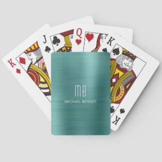 Elegant Green Brushed Metallic Monogram Name Playing Cards