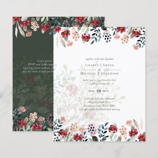 Elegant Green Burgundy Blue Floral Wedding (Front/Back)