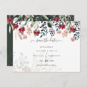 Elegant Green Burgundy Blue Floral Wedding Postcard