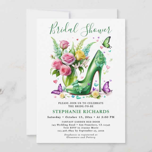 Elegant Green Butterfly Floral Shoe Bridal Shower Invitation (Front)