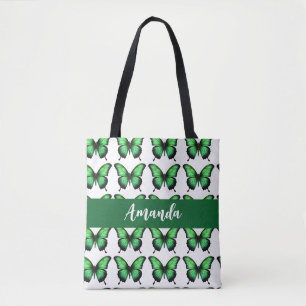 Elegant Green Butterly Pattern Name Tote Bag