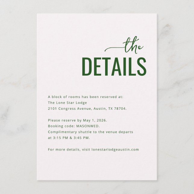 Elegant Green Calligraphy Details Enclosure Card (Front)