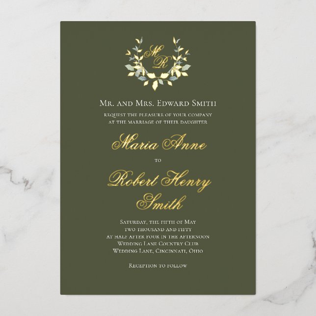 Elegant Green Calligraphy Gold Monogram Wedding (Front)