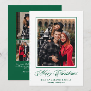 Elegant Green Calligraphy Merry Christmas 4 Photo Holiday Card