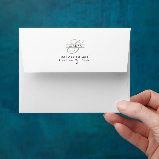 Elegant Green Calligraphy Split Monogram Address Envelope (Hand)